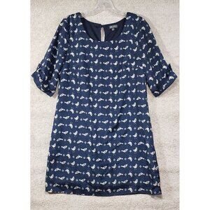 Lily Rose Shift Dress Sz S Small Novelty Bird Print Lined Rolled Cuff Navy Blue